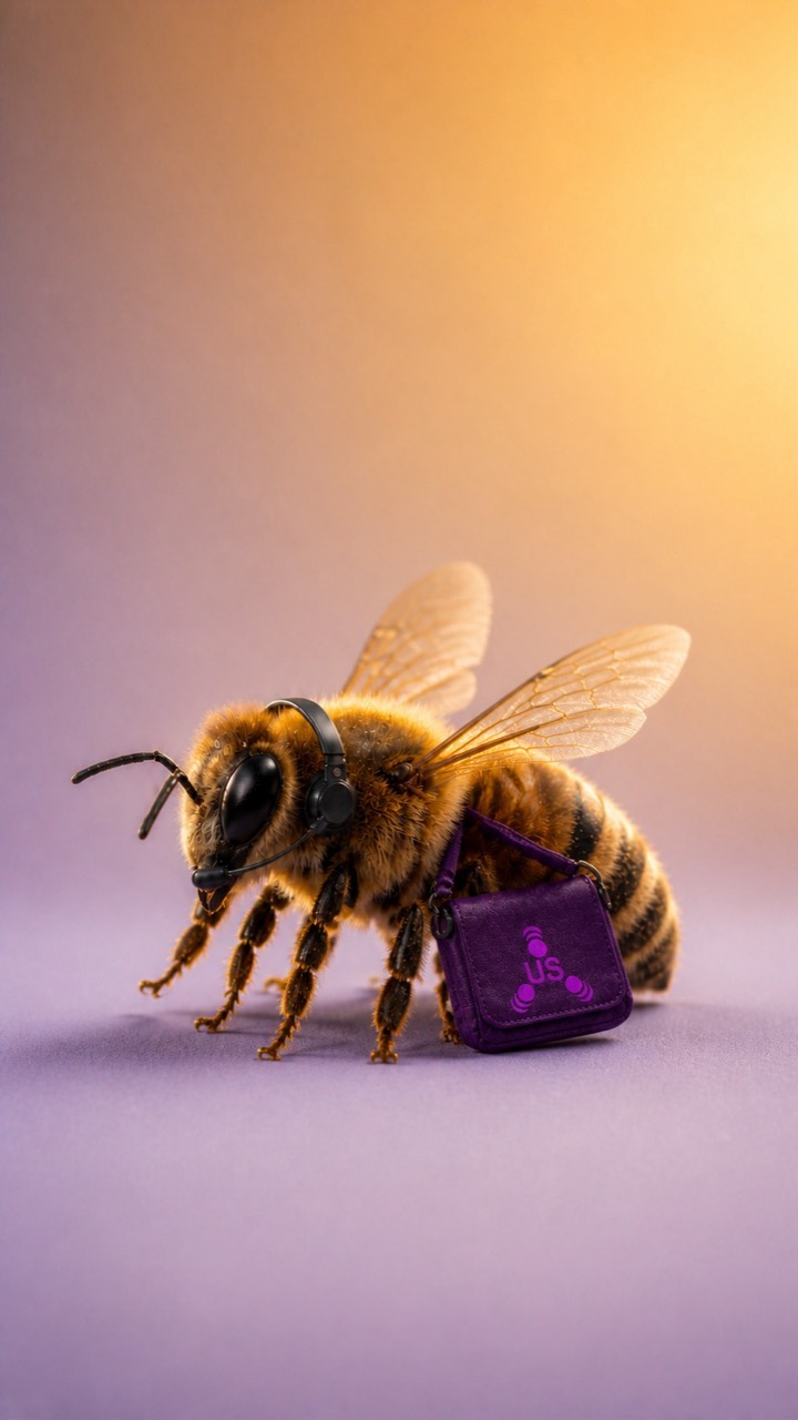 Procurement bee wearing a headset with a purple Unparalleled Source messenger bag