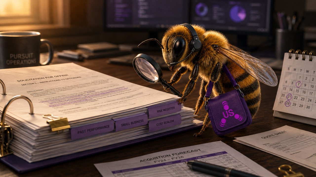 Procurement bee reviewing a government procurement desk