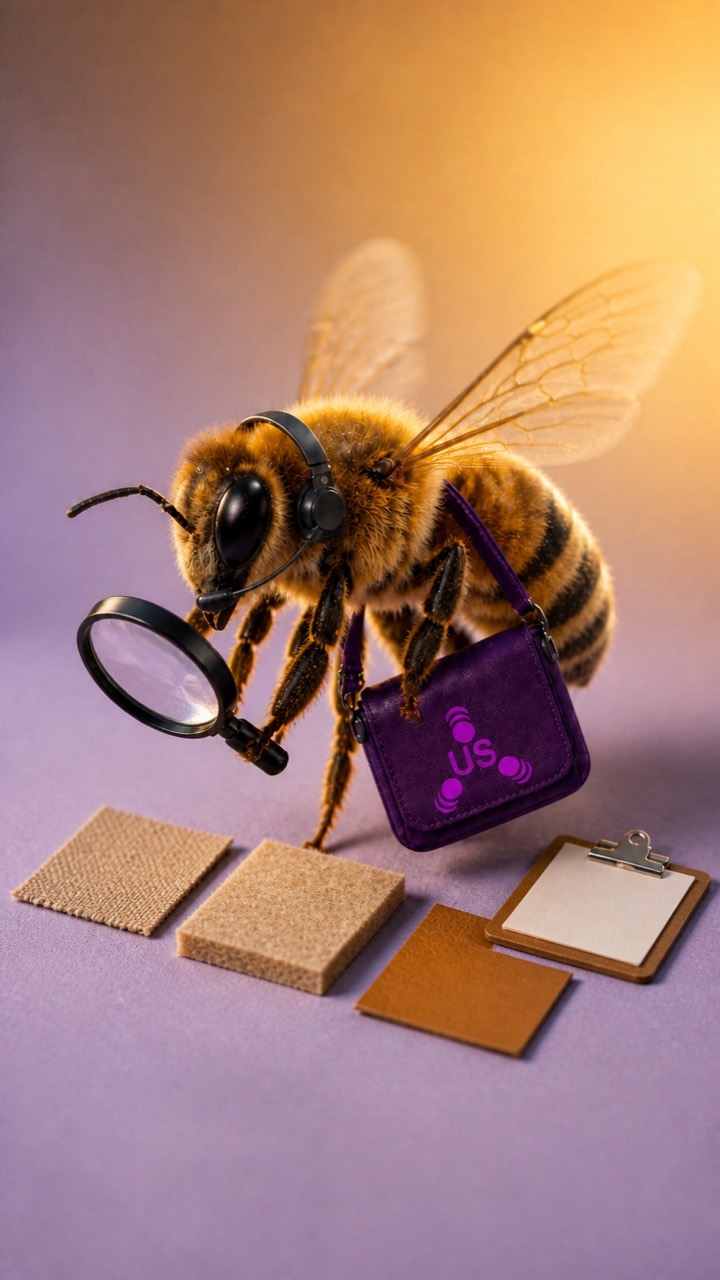 Procurement bee examining material samples with a magnifying glass