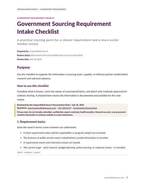 Public Government Sourcing Requirement Intake Checklist cover preview