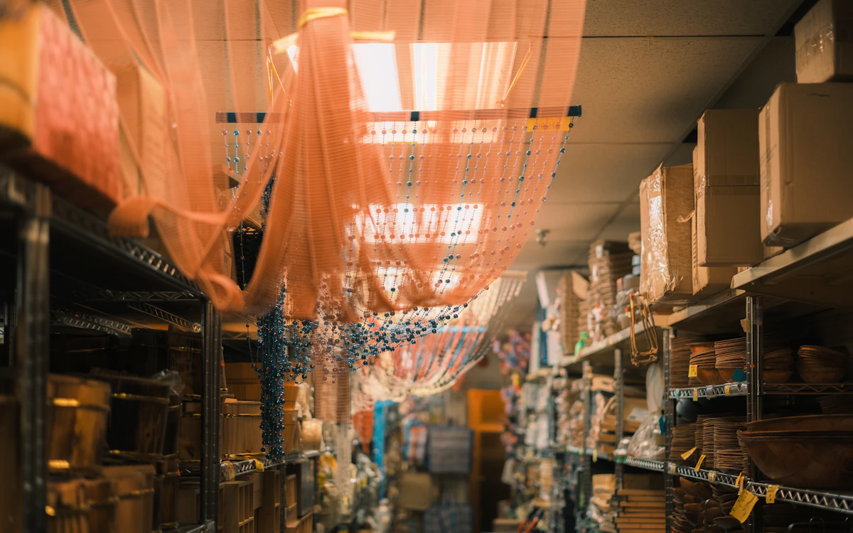 Shelves of goods in a supply storage room