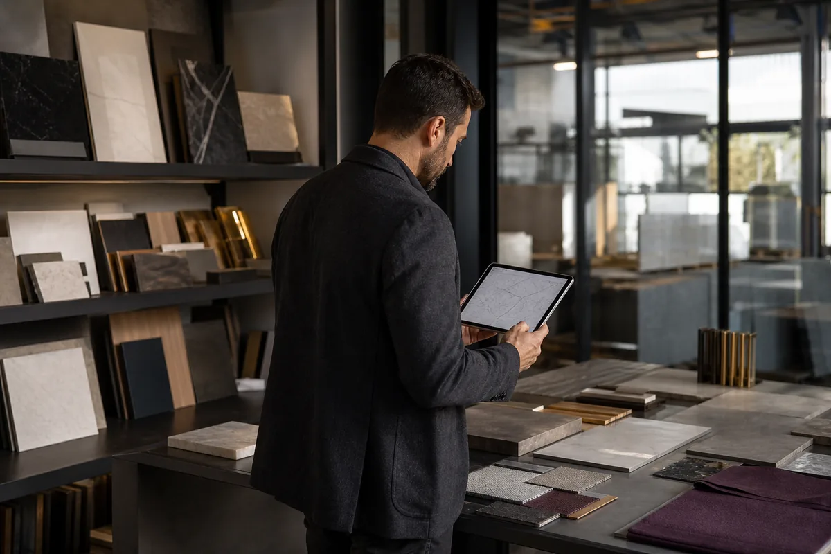 Operations specialist reviewing material samples