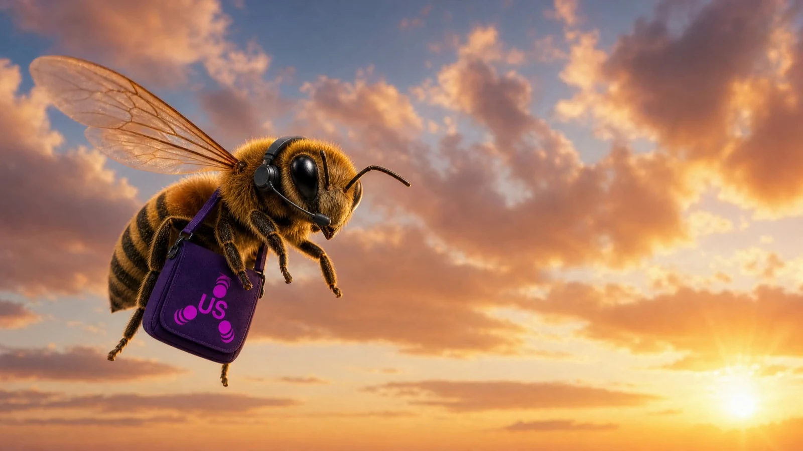 Honey bee procurement specialist flying at sunset